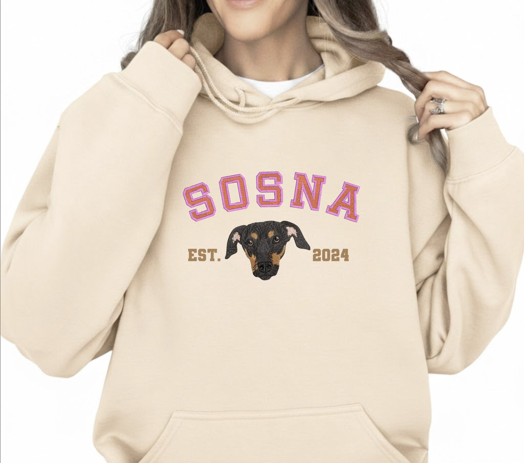 Sweatshirt mit Stickerei Ihres Haustiers vom Foto, Hund, Katze, Hamster, Pferd Geschenk mit den Namen Pullover oder Hoodie bestickt