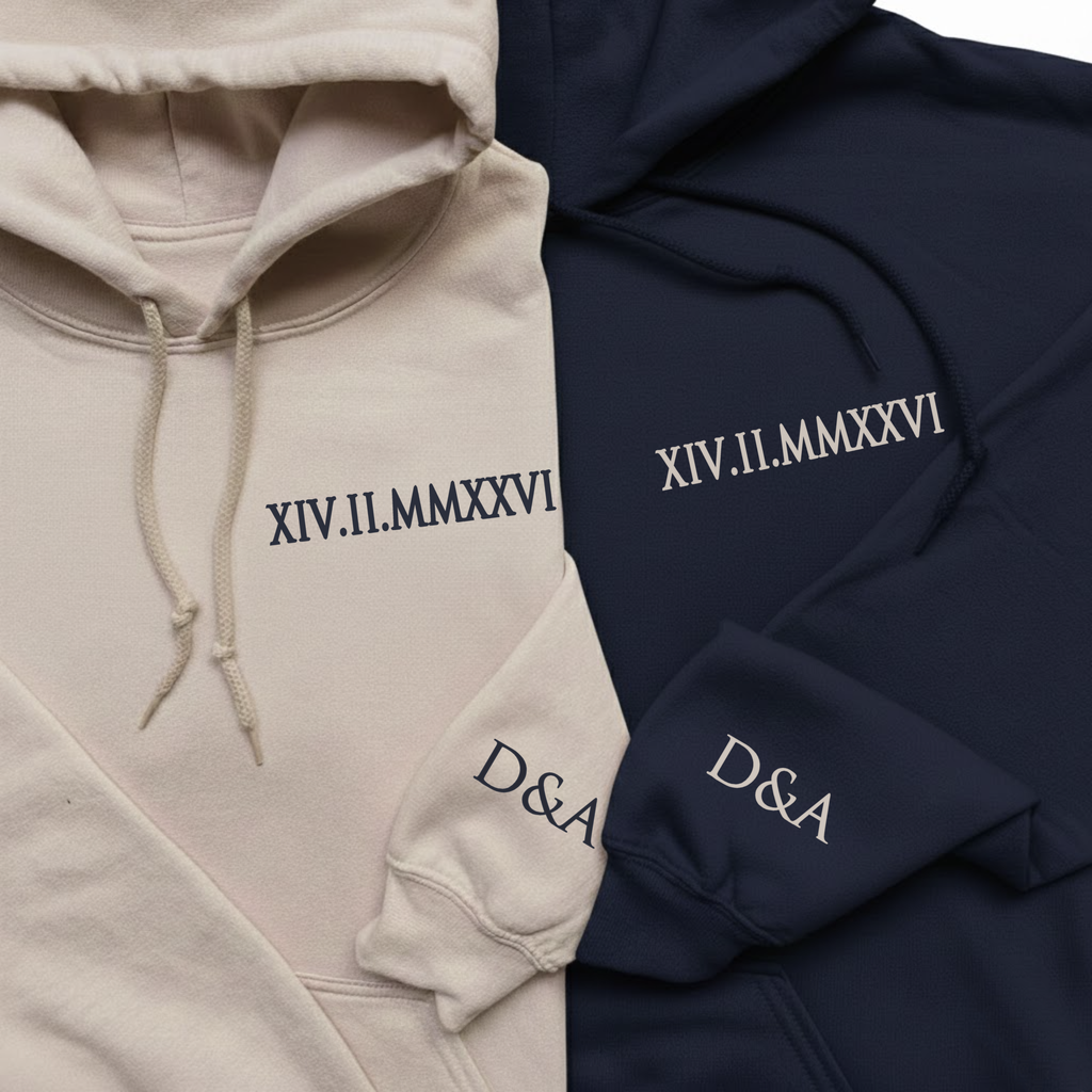 Römische Datum Pullover oder Hoodie für Paare, besticktes Geschenk