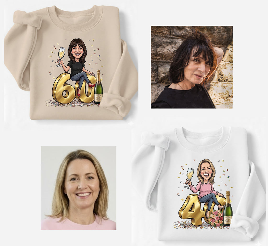 Sweatshirt oder Kapuzenpullover mit lustiger Geburtstagskarikatur nach Foto. Geburtstagsgeschenk