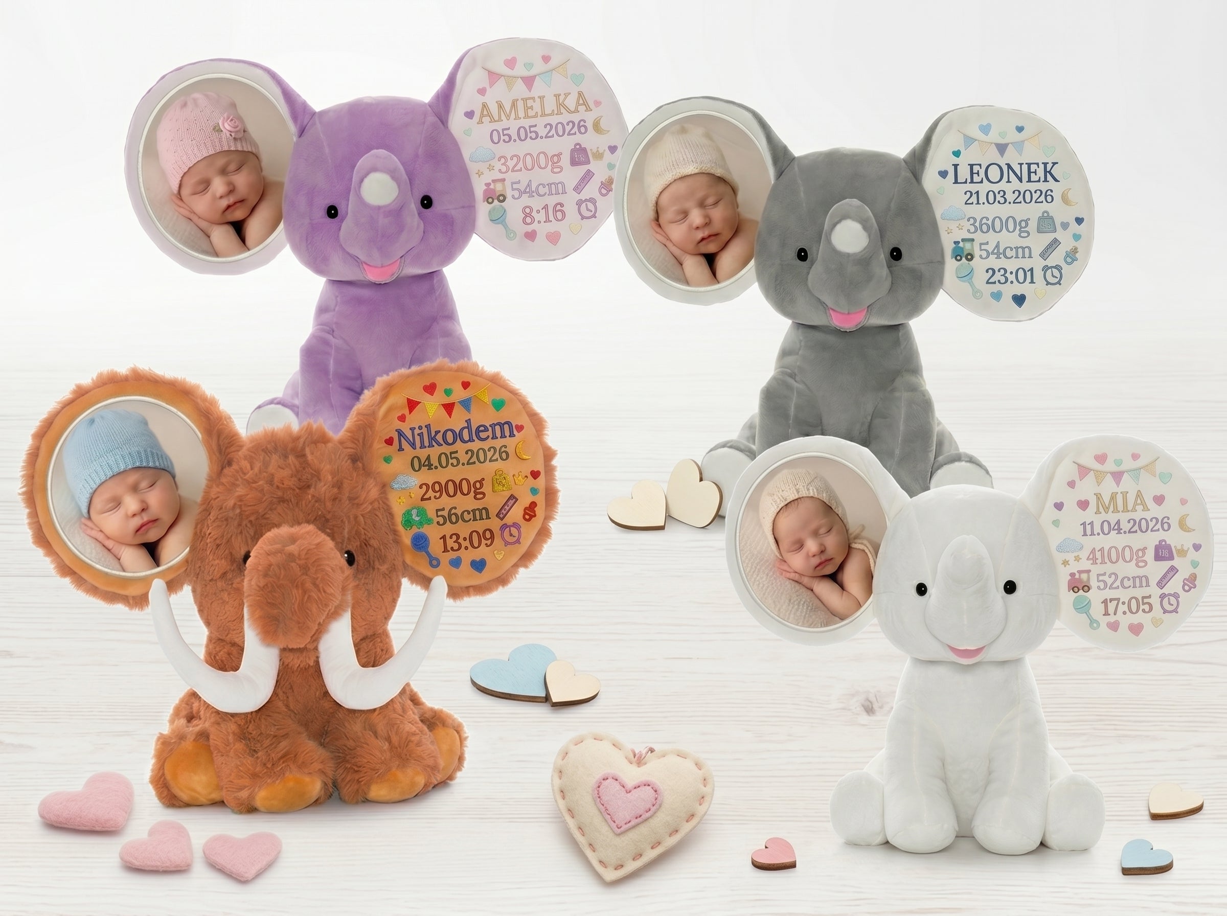 Personalisiertes Plüschtier, Elefant, Stofftier, Foto und Geburtsdaten, Geschenk für ein Neugeborenes und seine Eltern